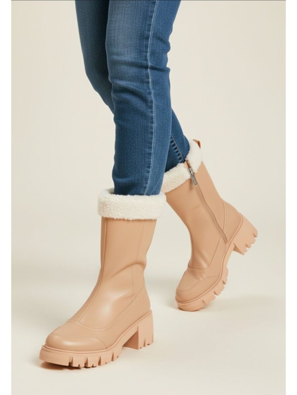 Chunky Sole Faux Leather Mid-Calf Boots With Shearling Trim Nude Color